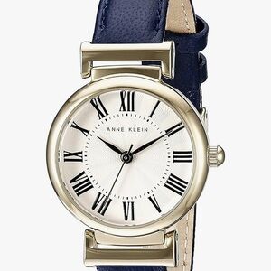 Anne Klein Navy and Gold Round Dial Leather Strap Watch